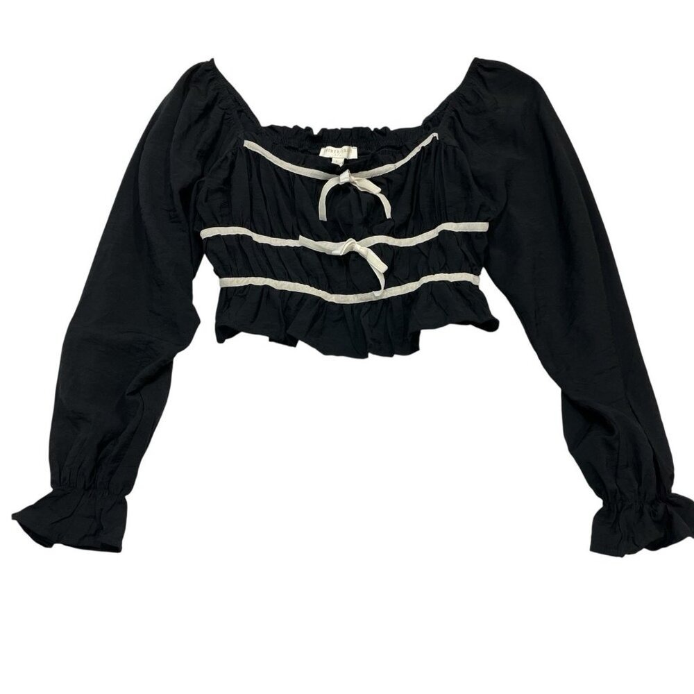 Thirty Thirty Y2K Top Black Milkmaid Cropped‎ Puff Sleeve Smock Size L Coquette